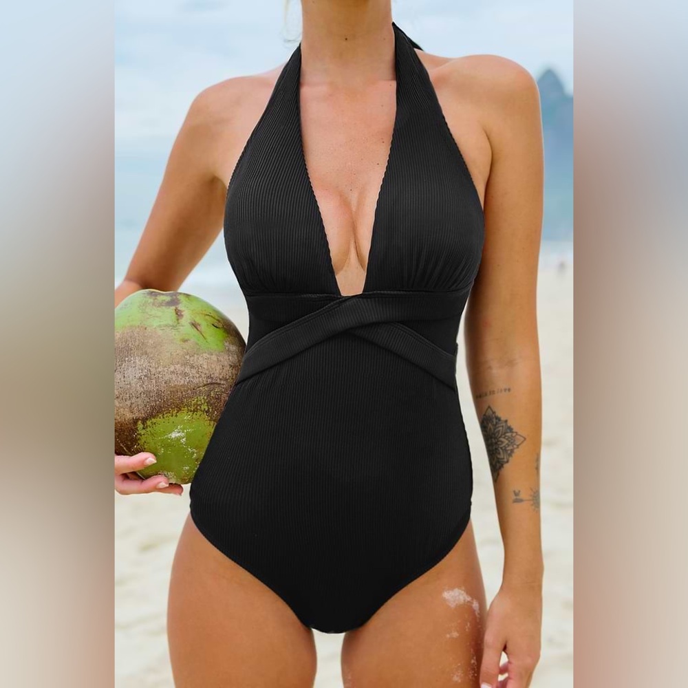 Cupshe Plunge Halter Wrap Front One Piece Swimsuit - Picture 2 of 4